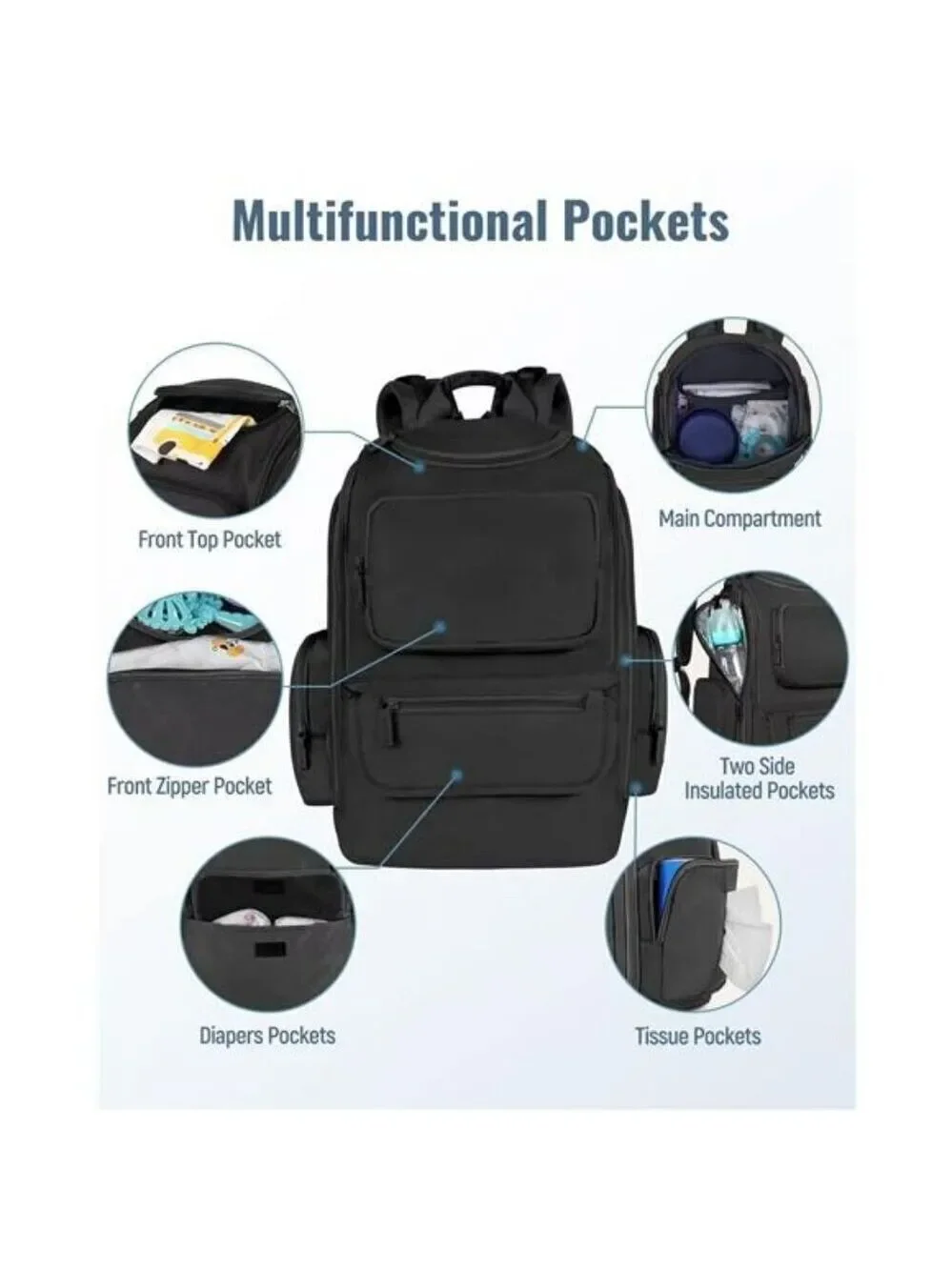 Black Diaper Bag Backpack for Men Women Travel Baby Bag with Insulated Pockets
